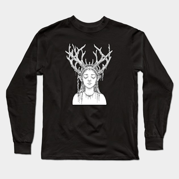 Woman with antler. Line Art. Long Sleeve T-Shirt by Salogwyn